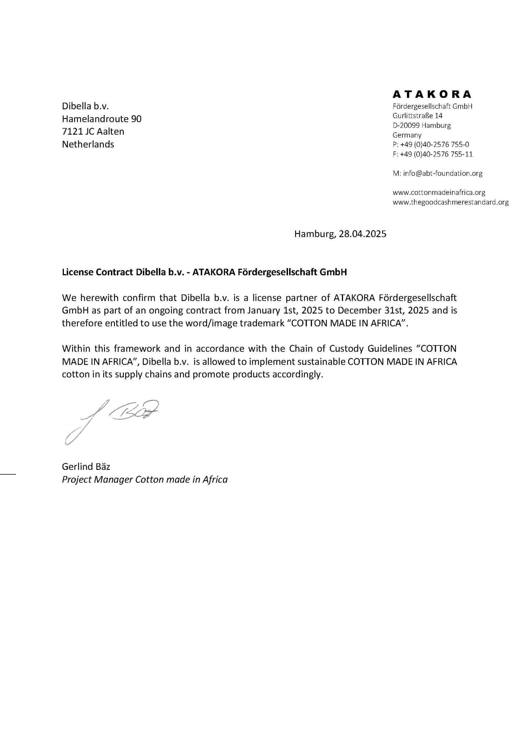 das schreiben bestätigt die lizenz-partnerschaft von Dibella mit CmiA (Abbildung)