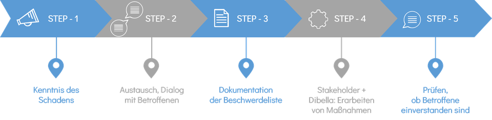 Grafik Prozesse Abhilfe_webp Die Grafik zeigt den Ablauf der Prozesse zur Abhilfe in Beschwerdefällen bei Dibella