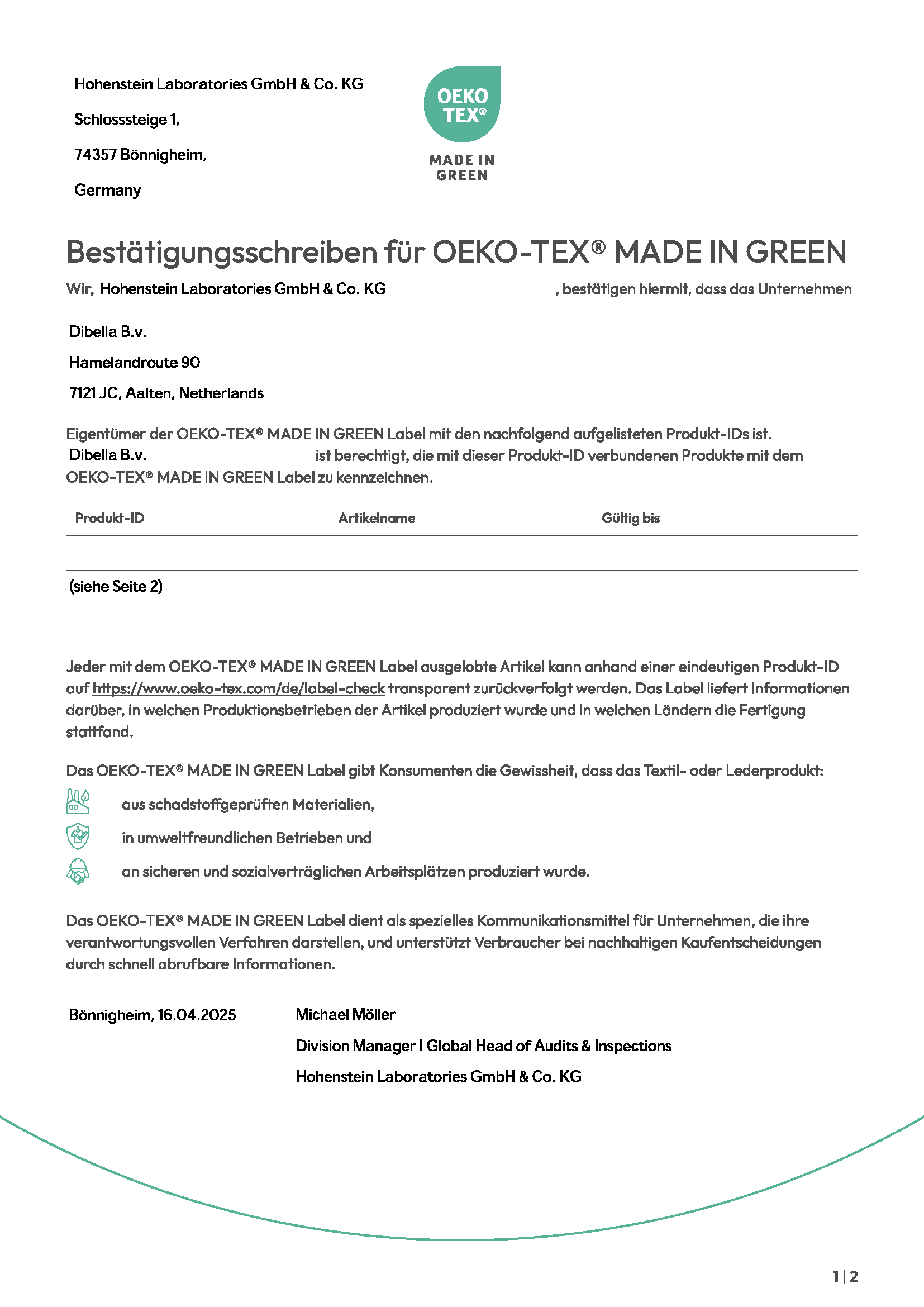 Abb. OEKO-TEX_Confirmation_Letter_Dibella_DE Seite_1